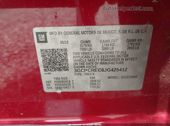 3GCPCREC6JG425412 2018 CHEVROLET SILVERADO Red Vista del compartimento del motor