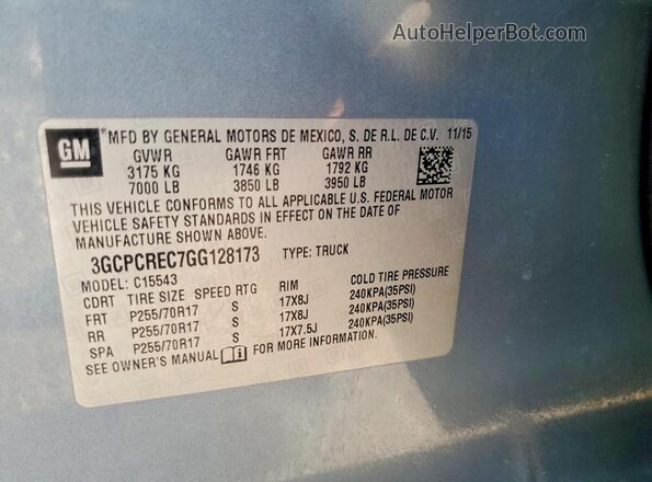3GCPCREC7GG128173 2016 CHEVROLET SILVERADO Blue Vista del compartimento del motor