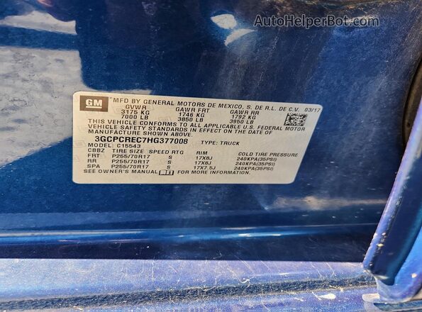3GCPCREC7HG377008 2017 CHEVROLET SILVERADO Blue Engine compartment view