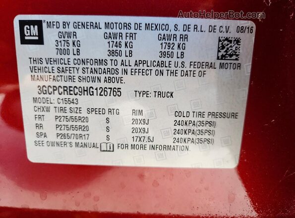 3GCPCREC9HG126765 2017 CHEVROLET SILVERADO Burgundy VIN sticker view