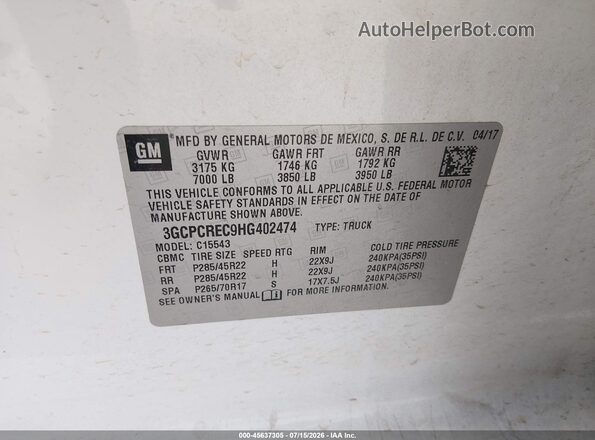 3GCPCREC9HG402474 2017 CHEVROLET SILVERADO White ძრავის განყოფილების ხედი