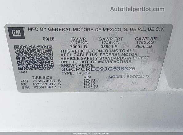 3GCPCREC9JG536326 2018 CHEVROLET SILVERADO White Vista del compartimento del motor