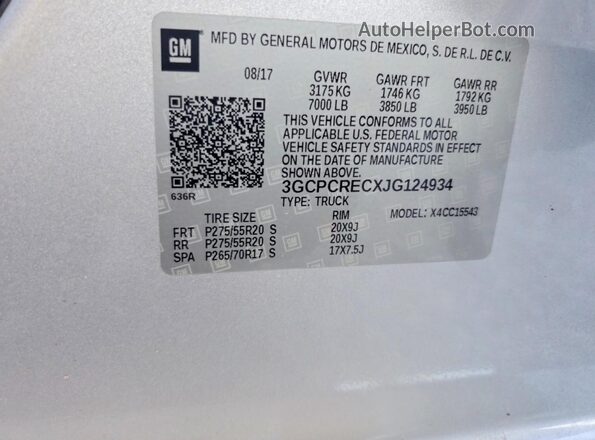 3GCPCRECXJG124934 2018 CHEVROLET SILVERADO Silver Вид наклейки з VIN-кодом