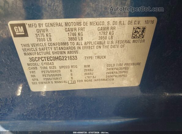 3GCPCTEC0HG221633 2017 CHEVROLET SILVERADO Blue ძრავის განყოფილების ხედი