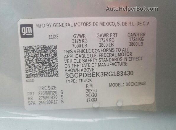 3GCPDBEK3RG183430 2024 CHEVROLET SILVERADO Gray Vista de la etiqueta del VIN