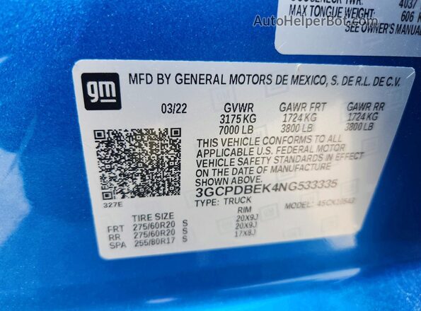 3GCPDBEK4NG533335 2022 CHEVROLET SILVERADO Синий Вид наклейки с VIN-кодом