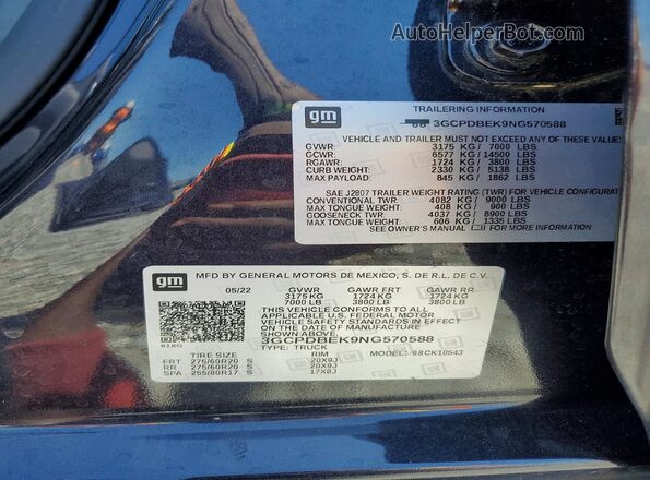 3GCPDBEK9NG570588 2022 CHEVROLET SILVERADO Black VIN კოდის სტიკერის ხედი