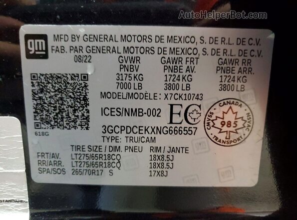 3GCPDCEKXNG666557 2022 CHEVROLET SILVERADO Black Widok naklejki z numerem VIN