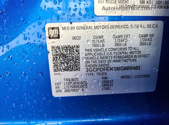 3GCPDFEK1NG600481 2022 CHEVROLET SILVERADO Blue Widok naklejki z numerem VIN