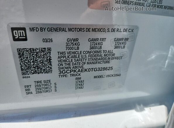 3GCPKAEK0TG328625 2026 CHEVROLET SILVERADO White Widok naklejki z numerem VIN