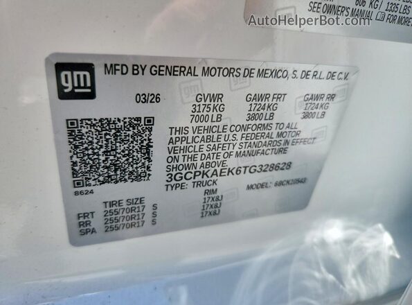 3GCPKAEK6TG328628 2026 CHEVROLET SILVERADO White VIN sticker view