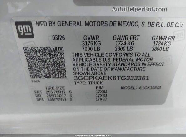 3GCPKAEK6TG333361 2026 CHEVROLET SILVERADO White Widok komory silnika