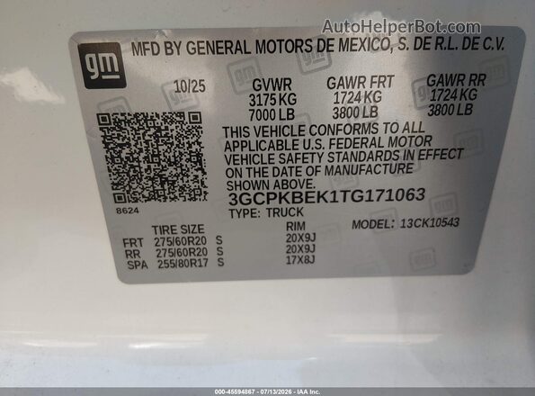 3GCPKBEK1TG171063 2026 CHEVROLET SILVERADO White Widok komory silnika