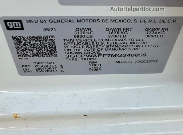 3GCPWAEF7MG340859 2021 CHEVROLET SILVERADO White VIN կոդի պիտակի տեսք