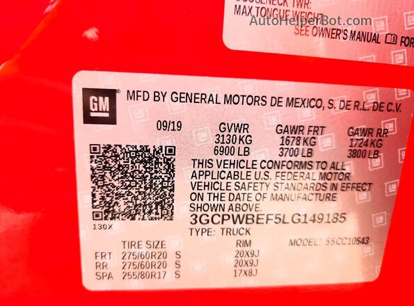 3GCPWBEF5LG149185 2020 CHEVROLET SILVERADO Red VIN კოდის სტიკერის ხედი