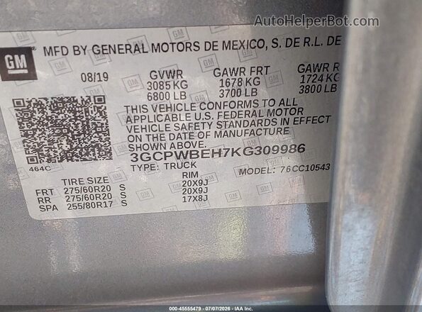 3GCPWBEH7KG309986 2019 CHEVROLET SILVERADO Gray ძრავის განყოფილების ხედი
