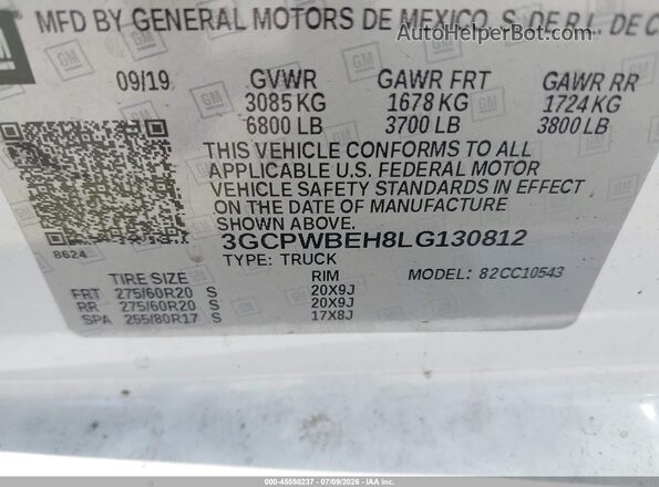 3GCPWBEH8LG130812 2020 CHEVROLET SILVERADO White ძრავის განყოფილების ხედი