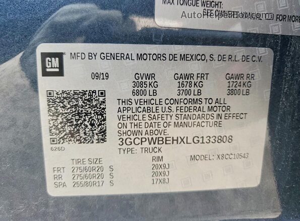 3GCPWBEHXLG133808 2020 CHEVROLET SILVERADO Gray Widok naklejki z numerem VIN