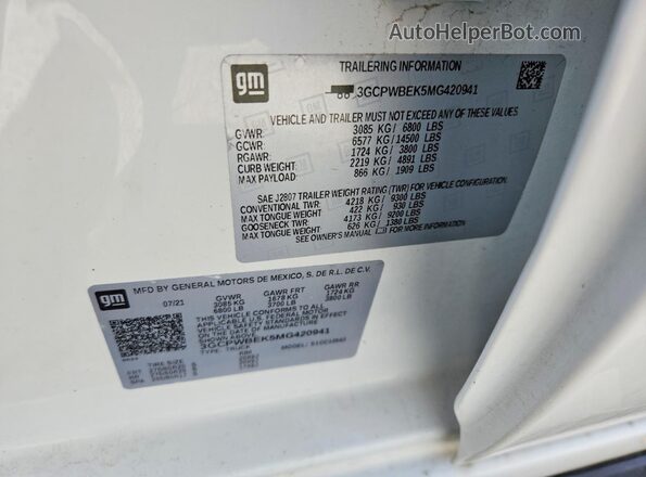 3GCPWBEK5MG420941 2021 CHEVROLET SILVERADO White Engine compartment view