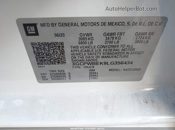 3GCPWBEK9LG356434 2020 CHEVROLET SILVERADO White Widok komory silnika