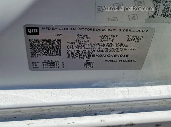 3GCPWBEK9MG454915 2021 CHEVROLET SILVERADO Белый Вид наклейки с VIN-кодом