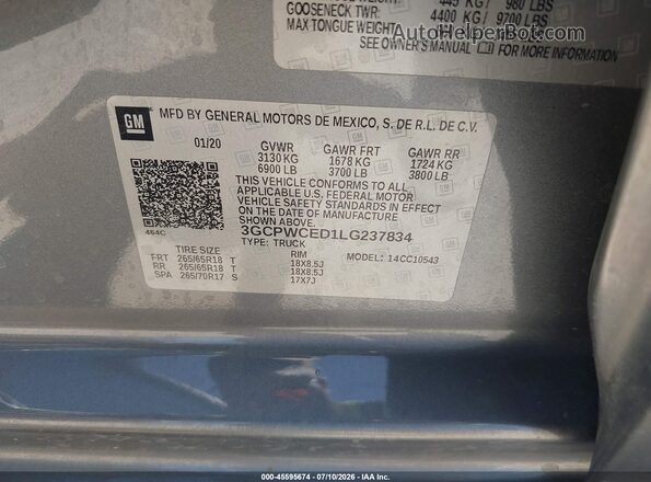 3GCPWCED1LG237834 2020 CHEVROLET SILVERADO Gray Вид підкапотного простору