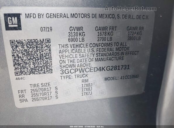 3GCPWCED4KG281731 2019 CHEVROLET SILVERADO Gray ძრავის განყოფილების ხედი