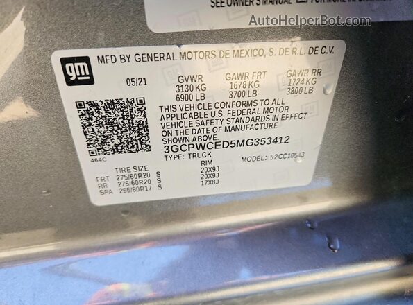 3GCPWCED5MG353412 2021 CHEVROLET SILVERADO Серый Вид наклейки с VIN-кодом