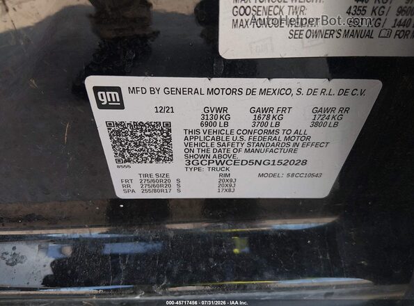 3GCPWCED5NG152028 2022 CHEVROLET SILVERADO Black Вид підкапотного простору
