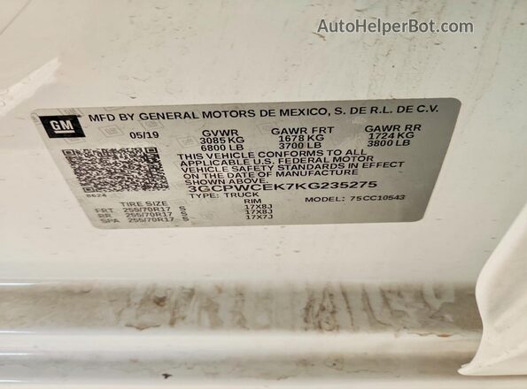 3GCPWCEK7KG235275 2019 CHEVROLET SILVERADO White Engine compartment view