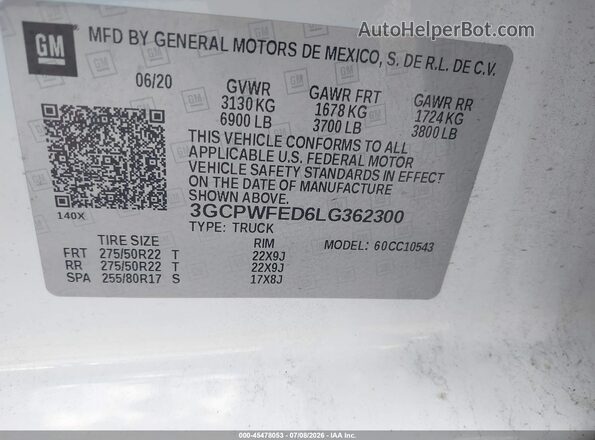 3GCPWFED6LG362300 2020 CHEVROLET SILVERADO White Вид підкапотного простору