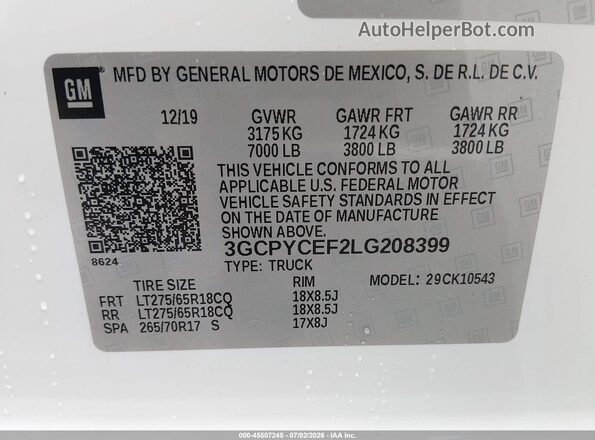 3GCPYCEF2LG208399 2020 CHEVROLET SILVERADO White ძრავის განყოფილების ხედი