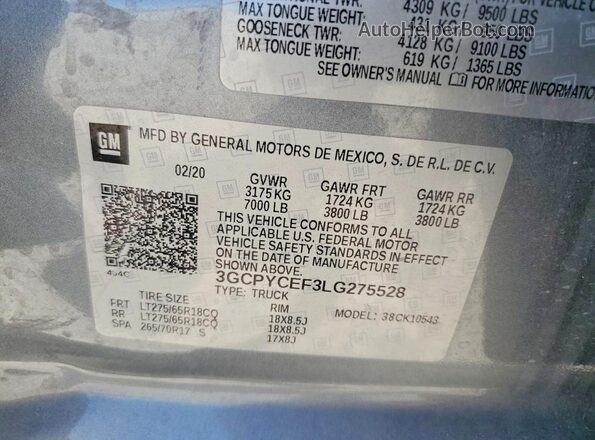 3GCPYCEF3LG275528 2020 CHEVROLET SILVERADO Charcoal Vista del compartimento del motor