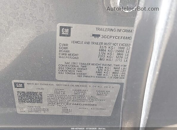3GCPYCEF6MG288081 2021 CHEVROLET SILVERADO Gray Vista del compartimento del motor