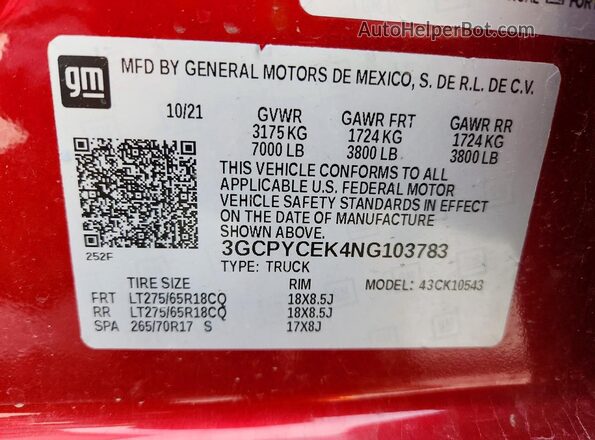 3GCPYCEK4NG103783 2022 CHEVROLET SILVERADO Red ძრავის განყოფილების ხედი