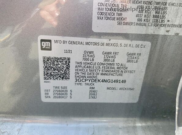 3GCPYDEK4NG149149 2022 CHEVROLET SILVERADO Gray Widok komory silnika