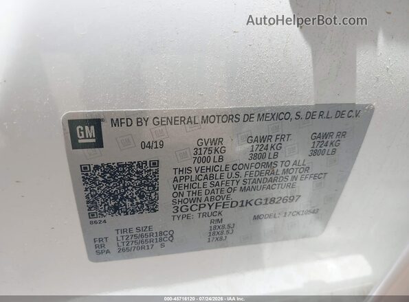3GCPYFED1KG182697 2019 CHEVROLET SILVERADO White Vista del compartimento del motor