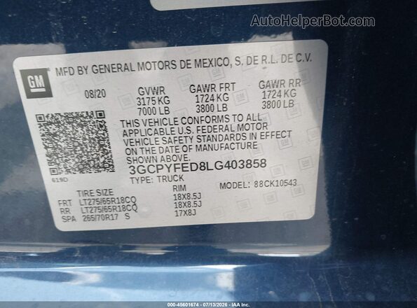 3GCPYFED8LG403858 2020 CHEVROLET SILVERADO Blue Vista de la etiqueta del VIN