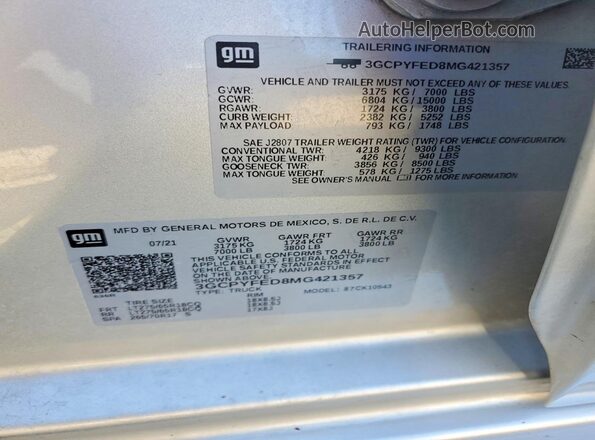 3GCPYFED8MG421357 2021 CHEVROLET SILVERADO Silver Շարժիչի բաժամունքի տեսք