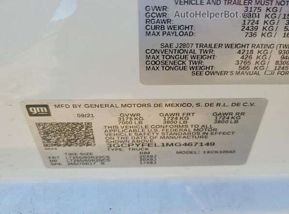 3GCPYFEL1MG467149 2021 CHEVROLET SILVERADO Белый Вид подкапотного пространства