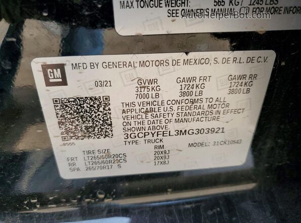 3GCPYFEL3MG303921 2021 CHEVROLET SILVERADO Черный Вид наклейки с VIN-кодом