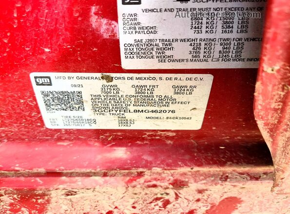 3GCPYFEL8MG462076 2021 CHEVROLET SILVERADO Red Vista de la etiqueta del VIN