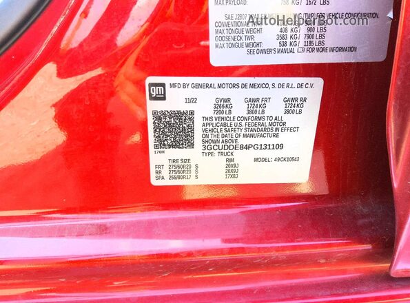 3GCUDDE84PG131109 2023 CHEVROLET SILVERADO Темно-бордовый Вид наклейки с VIN-кодом