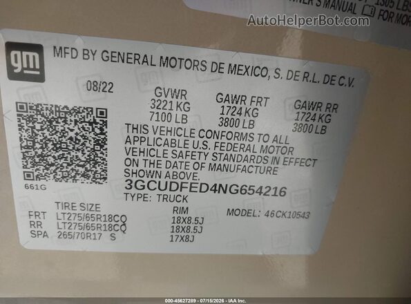 3GCUDFED4NG654216 2022 CHEVROLET SILVERADO Tan Вид підкапотного простору