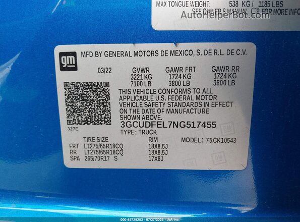 3GCUDFEL7NG517455 2022 CHEVROLET SILVERADO Blue Widok komory silnika