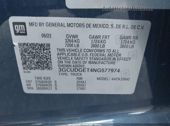 3GCUDGET4NG577974 2022 CHEVROLET SILVERADO Синий Вид подкапотного пространства