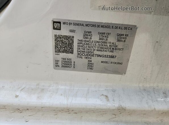 3GCUDGET9NG533887 2022 CHEVROLET SILVERADO White Engine compartment view