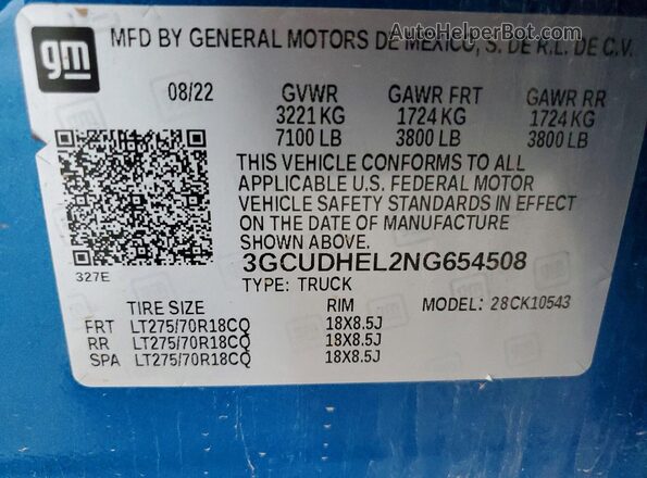 3GCUDHEL2NG654508 2022 CHEVROLET SILVERADO Blue Vista del compartimento del motor