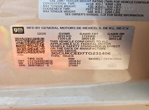3GCUKCED7TG231406 2026 CHEVROLET SILVERADO Silver VIN sticker view