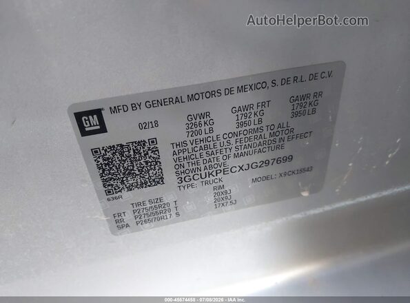 3GCUKPECXJG297699 2018 CHEVROLET SILVERADO Silver Вид підкапотного простору